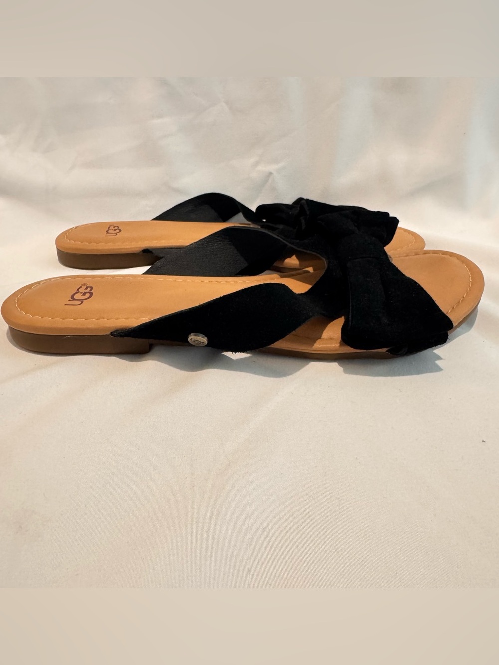 UGG AUSTRALIA WOMENS Fonda Bow Suede Slide Sandal Sz 7 Black Preppy Bohemian EUC - Picture 3 of 7